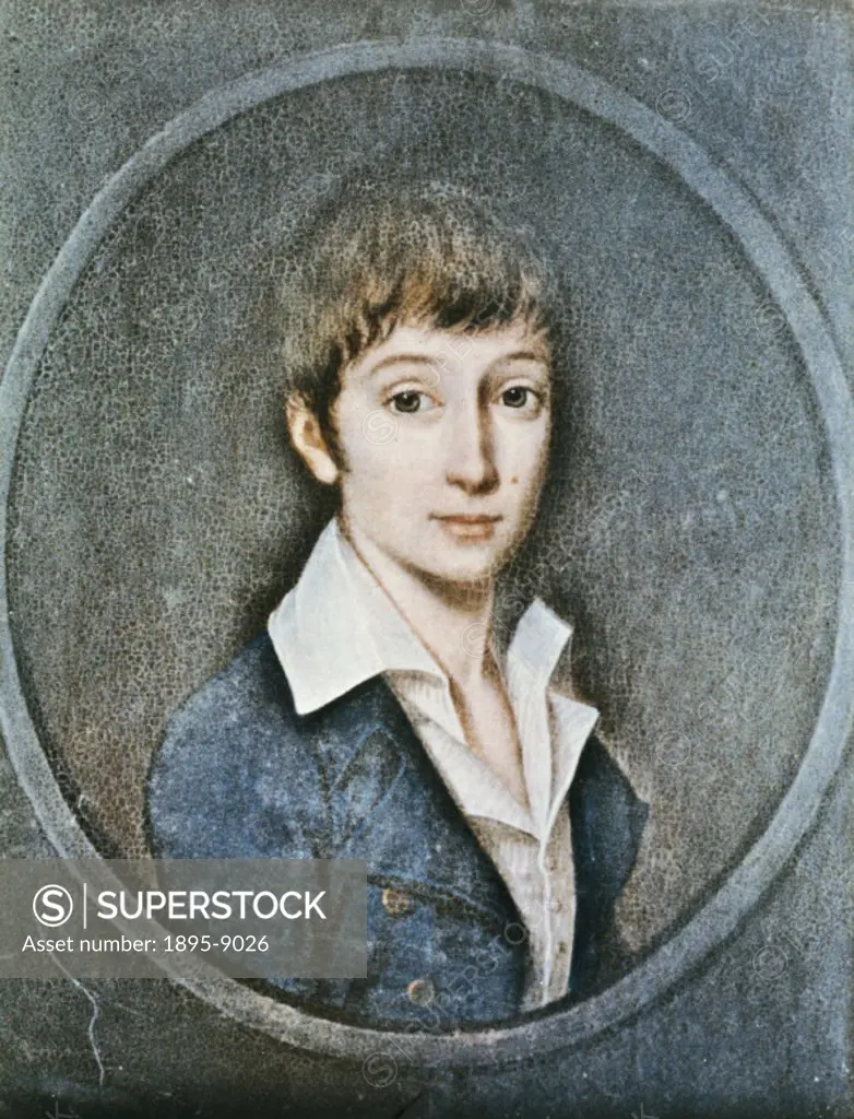 Watercolour painting of Sadi Carnot (1796-1832) aged ten.  Carnot was the founder of thermodynamics.