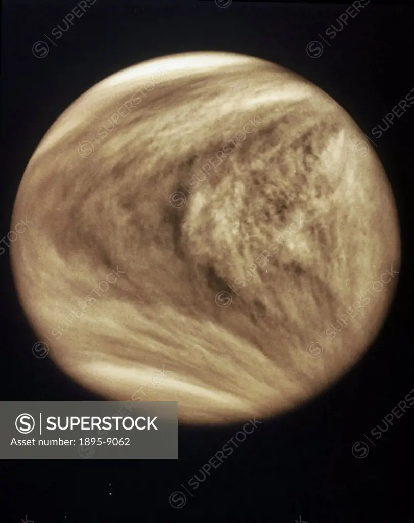 This view of the clouds of Venus at full phase was taken by the Pioneer Venus spacecraft through an ultraviolet filter to enhance the visibility of th...