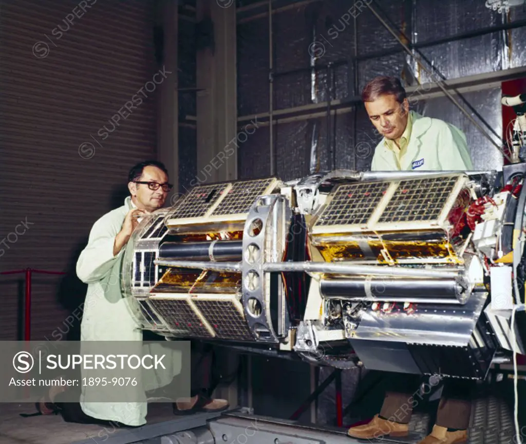 The Meteoroid Technology Satellite, 1972. This satellite, also known as Explorer 46, is shown mounted on its Scout launch vehicle. Explorer 46 was lau...