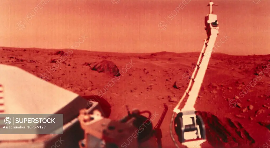 The picture shows the red Martian landscape and, to the right, trenches in the surface dug by the arm of the Viking lander for soil samples. Viking 1 ...