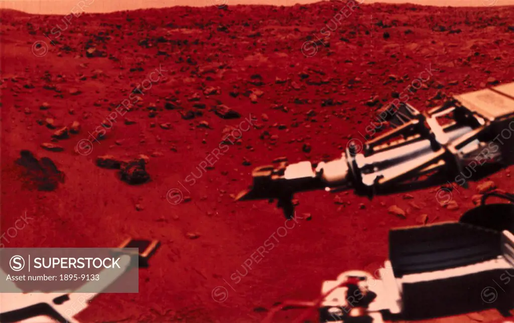 This shows the red Martian landscape and the arm of the Viking Lander used to collect soil samples for on-board analysis. Viking 1 was launched on 20t...