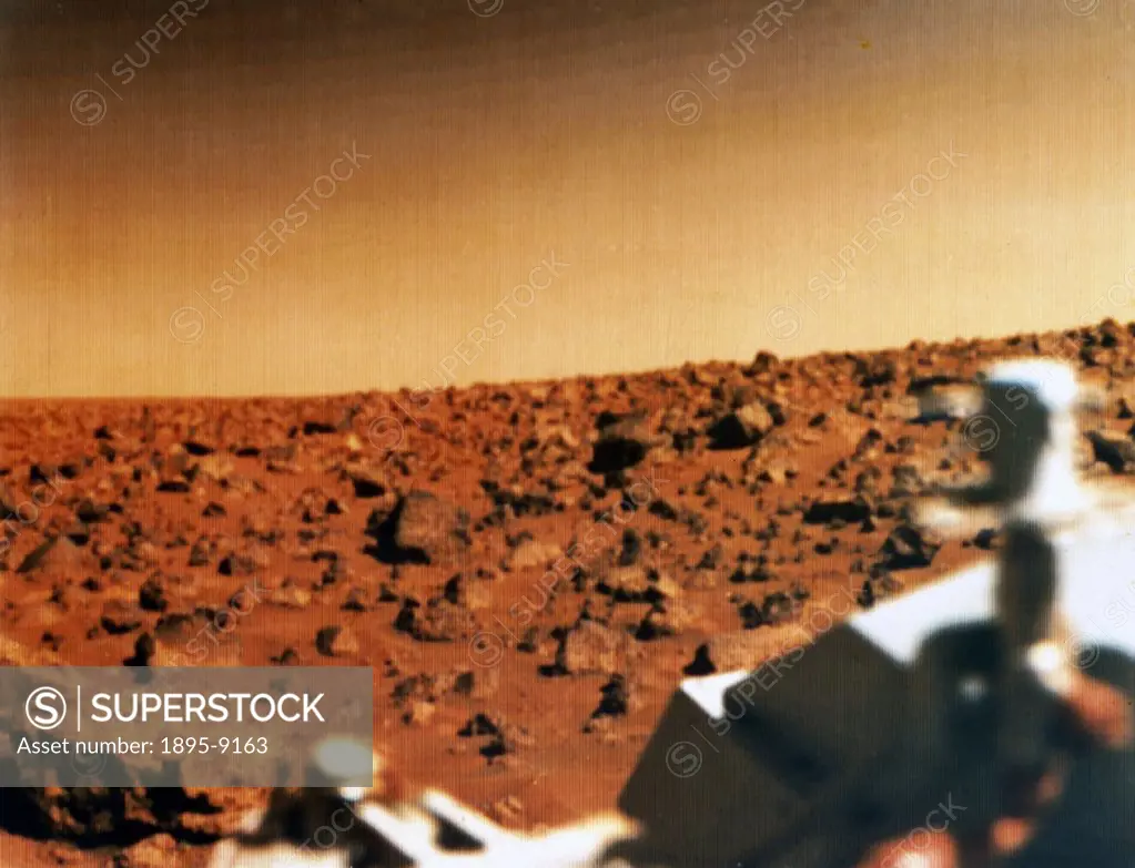This view shows the red Martian landscape and part of the Lander itself. Viking 2 was launched on 9th September 1975 and landed in the Utopia Planitia...