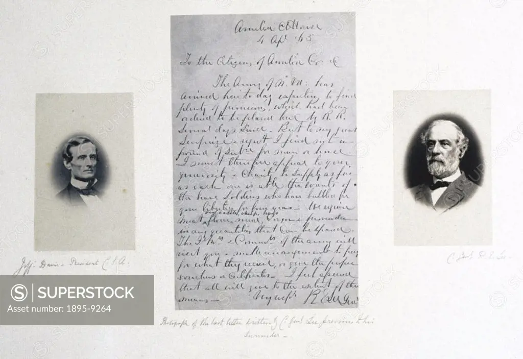 Left to right: albumen print of Jefferson Davis, President of the Confederate States of America, the last letter written by the Confederate General Ro...