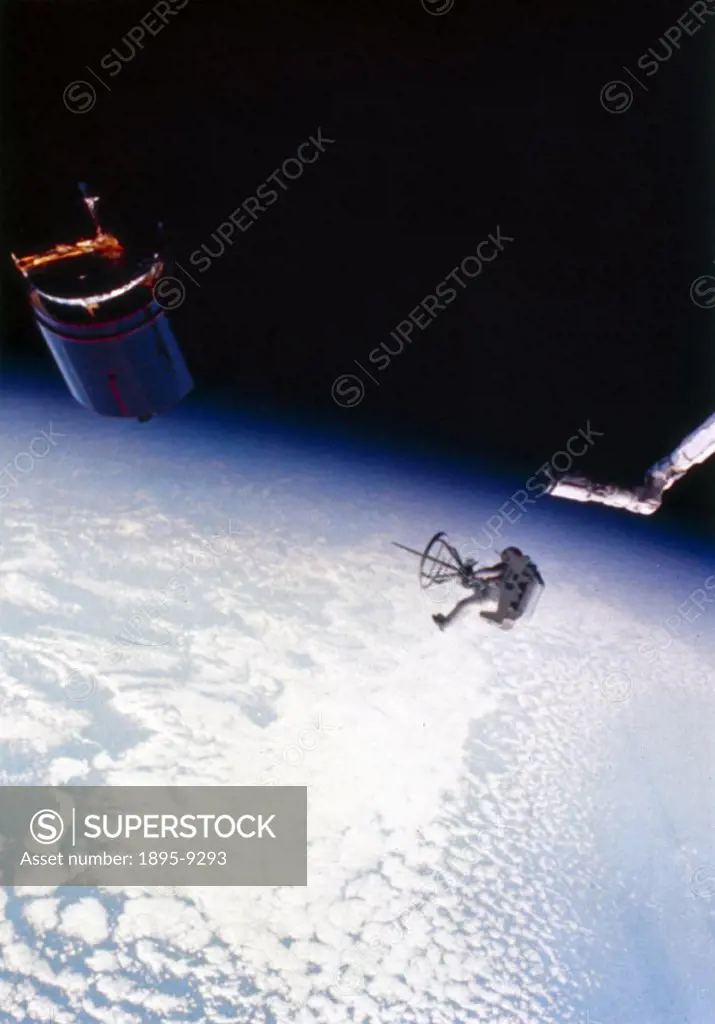 Astronaut Dale Gardner approaches the Westar 6 satellite, using the Manned Manoeuvring Unit (MMU), prior to capturing it and bringing it back to Disco...