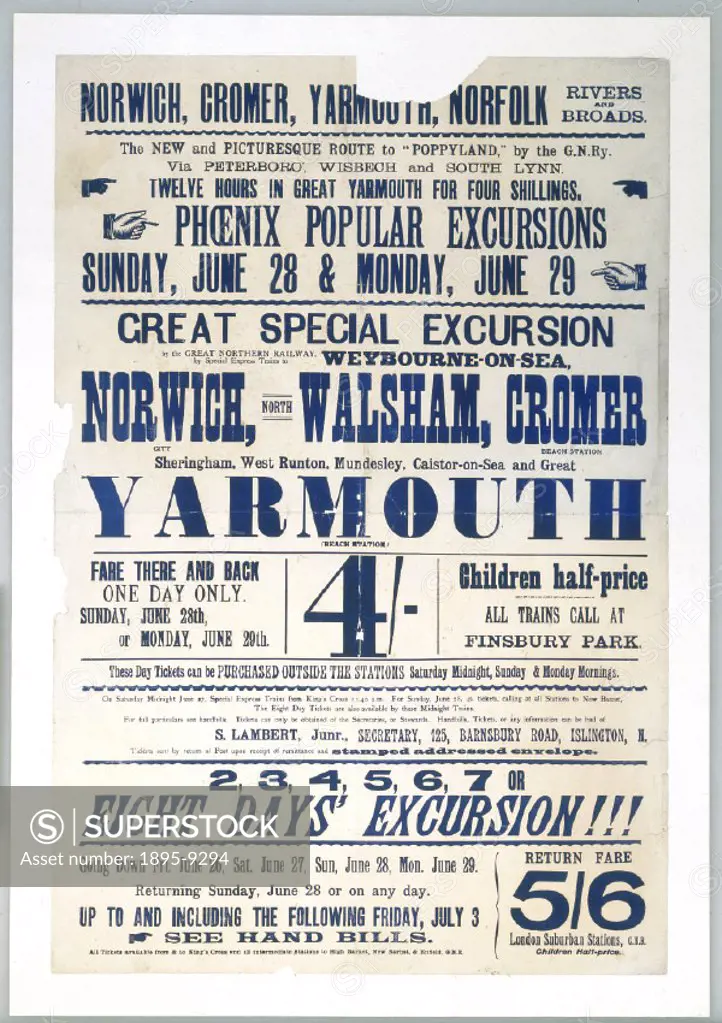 Handbill produced for the Great Northern Railway (GNR) to advertise excursions to East Anglia including Norwich, Cromer, Yarmouth and Norfolk. Blue te...