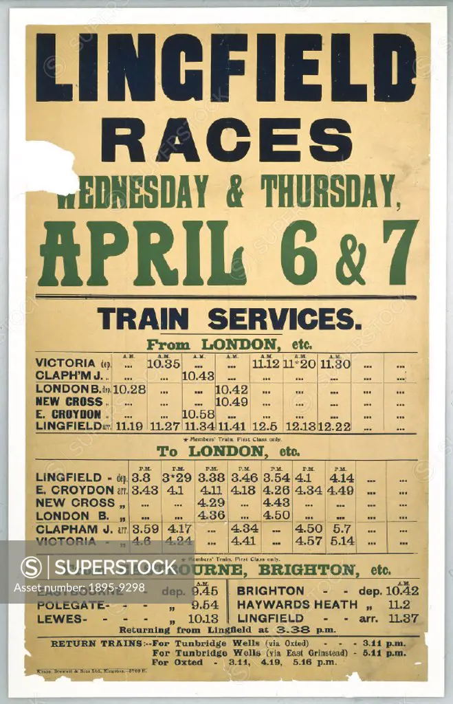 Handbill - ´Lingfield Races´, showing the timetable for the trains to Lingfield, 6 & 7 April.