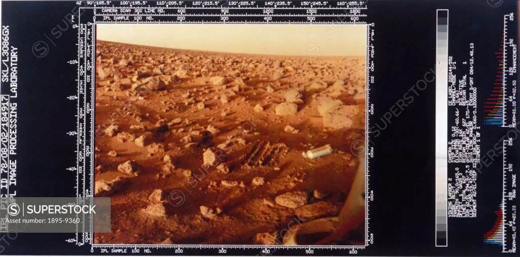 Close up of the Martian surface, Viking 2 1976. This shows one of the lander´s feet and the scrape marks left in the surface by the soil probe. Viking...