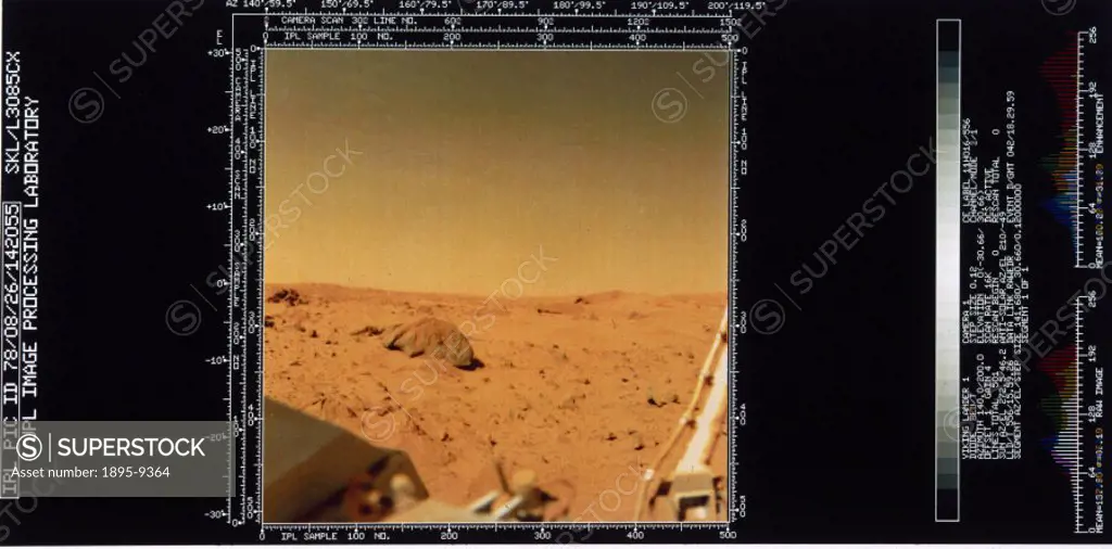 This view of the red surface of Mars also shows part of the spacecraft itself. Two Viking spacecraft were launched towards Mars in 1975, each carrying...