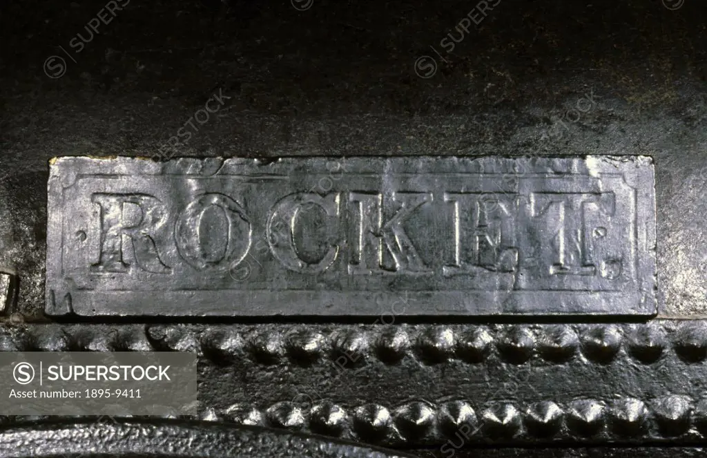 Nameplate from the remains of Stephenson´s ´Rocket´, 1829. The Rocket, designed by Robert Stephenson (1803-1859) and George Stephenson (1781-1848), be...