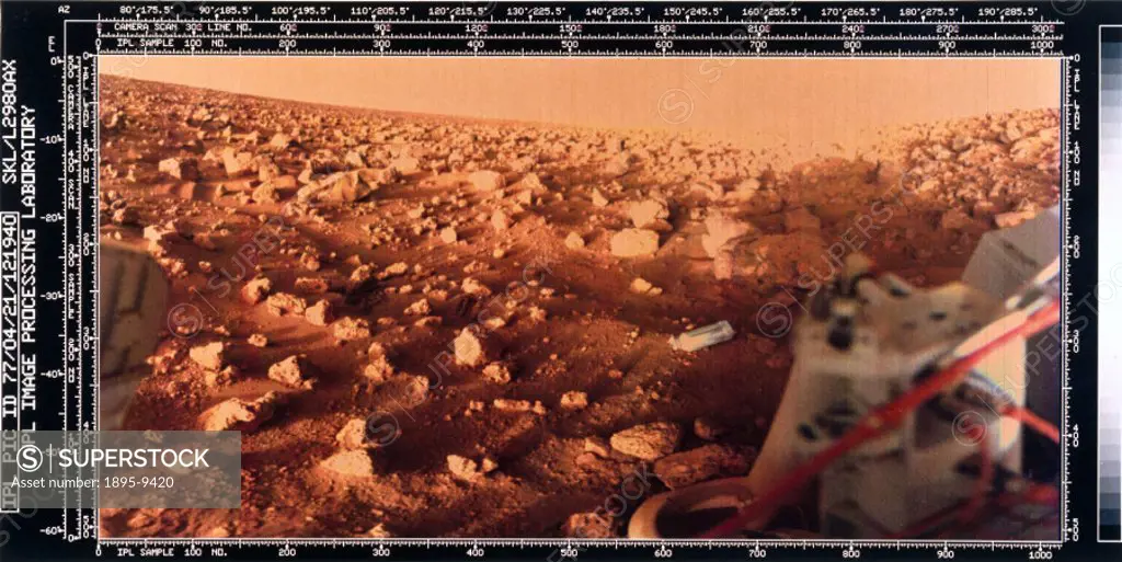 This shows the red surface of the planet and part of the lander itself. Two Viking spacecraft were launched towards Mars in 1975, each carrying a land...