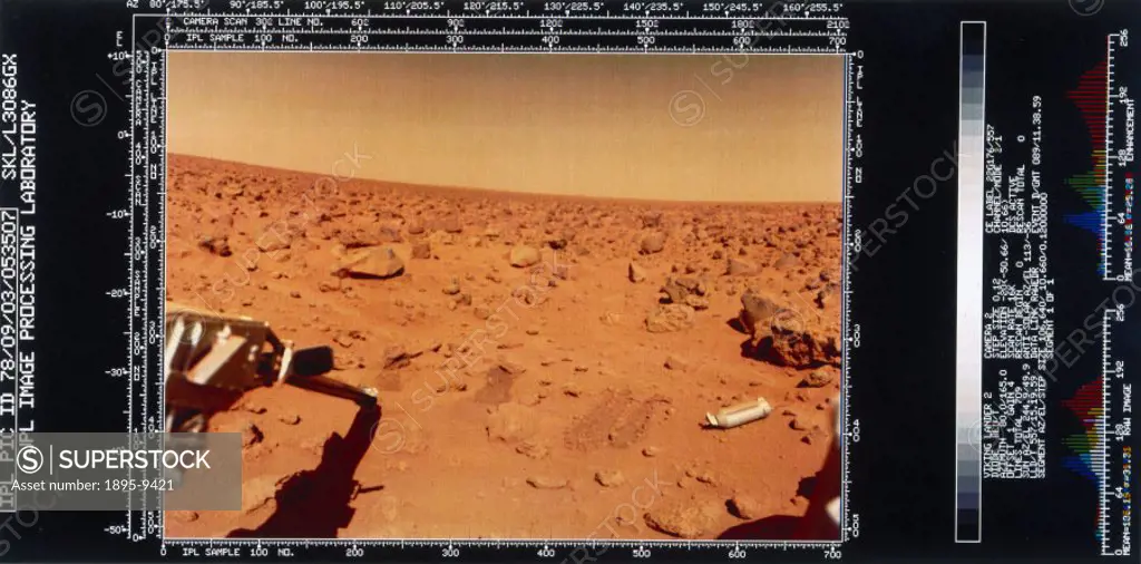 This shows the red surface of the planet and the landers soil retrieval scoop extended. Two Viking spacecraft were launched towards Mars in 1975, eac...
