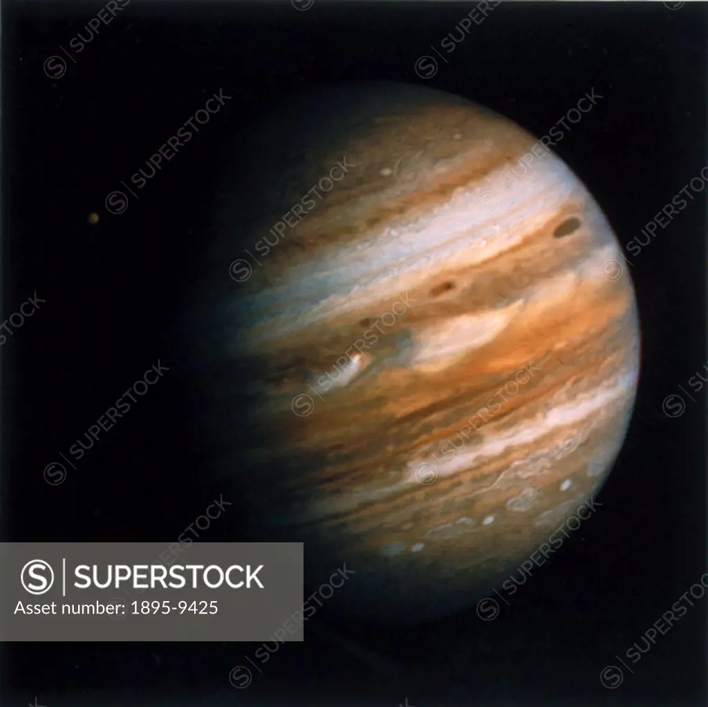 Photographed by one of the Voyager spacecraft. The largest planet in the solar system, Jupiter is a type of planet known as a gas giant, with an atmos...