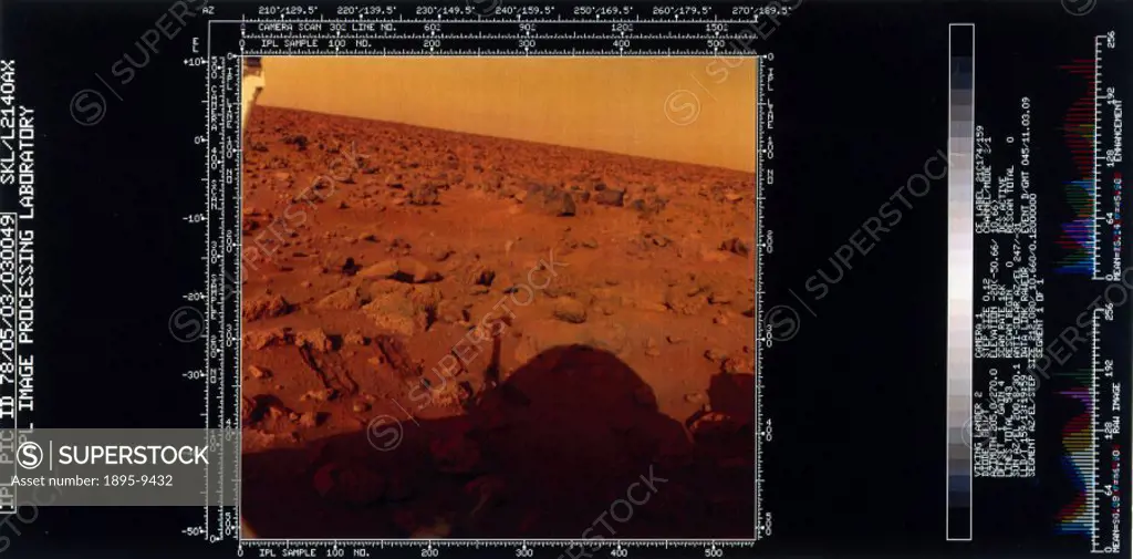 This shows the red rock strewn surface of Mars and the shadow of the lander itself. Two Viking spacecraft were launched towards Mars in 1975, each car...