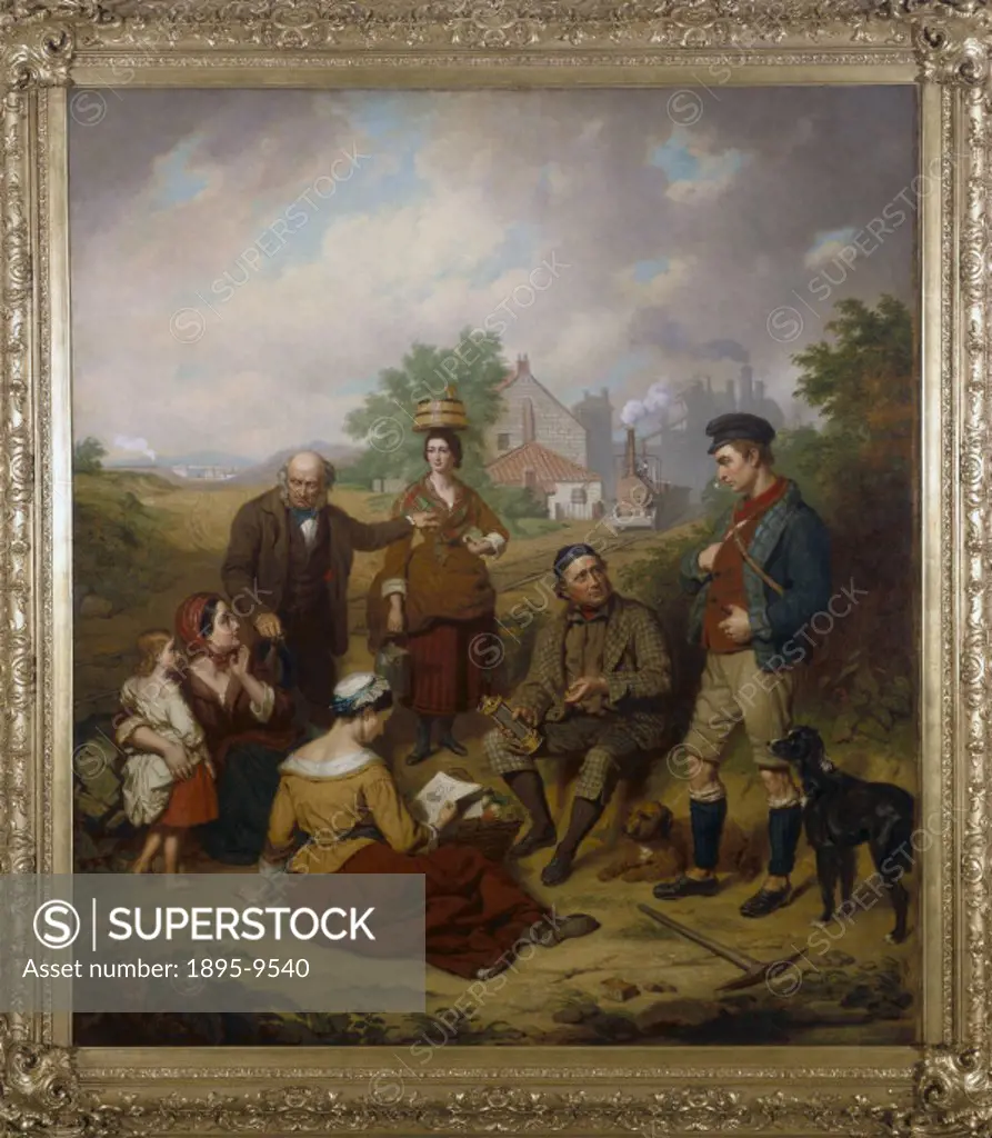 Oil painting by William Lucas showing the celebrated railway engineer, George Stephenson (1781-1848), surrounded by his family and the symbols of his ...
