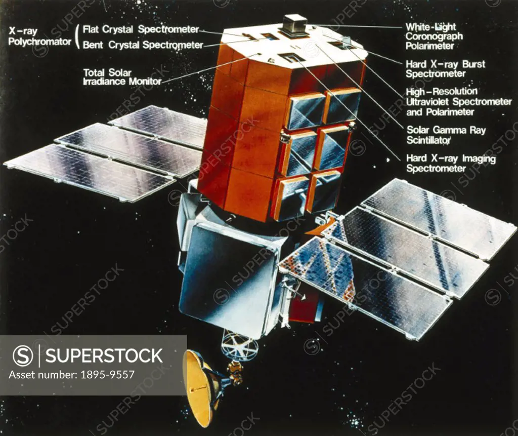 Labelled drawing of the SMM which was launched in February 1980, and became the first satellite to be retrieved, repaired and redeployed into orbit, b...