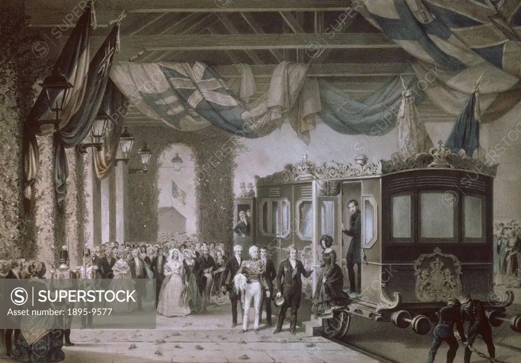 Coloured lithograph by Bayot and Cuvillier after a painting by French artist Edouard Pingret (1788-1875) titled ´Retour du Roi a la Station de Gosport...