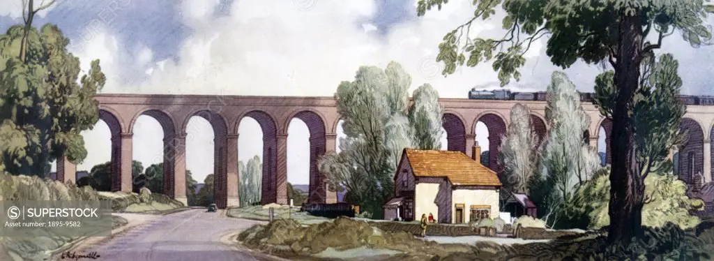 Colne Valley Viaduct at Chappel, Essex. British Railways (Eastern Region) carriage print with artwork by L R Squirrell. Colne Valley Viaduct was desig...