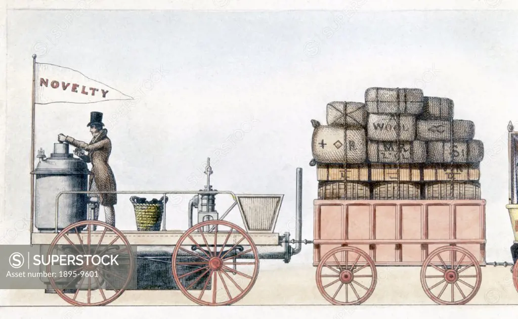 Detail from a coloured lithograph by R Martins after an original drawing by Charles Vignoles (1793-1875) showing ´Novelty´ hauling a wagon containing ...
