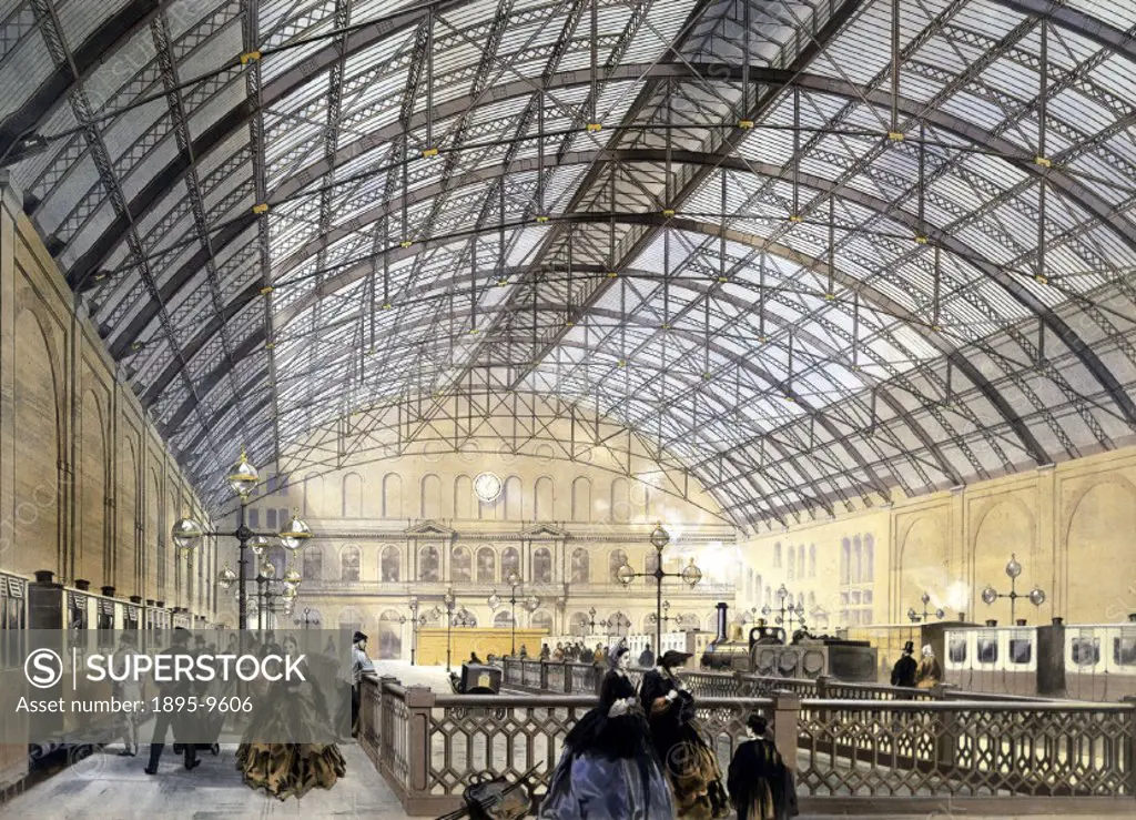 Coloured chromolithograph by the Kell Brothers after their original drawing, showing an interior view of Charing Cross station. Situated close to Traf...
