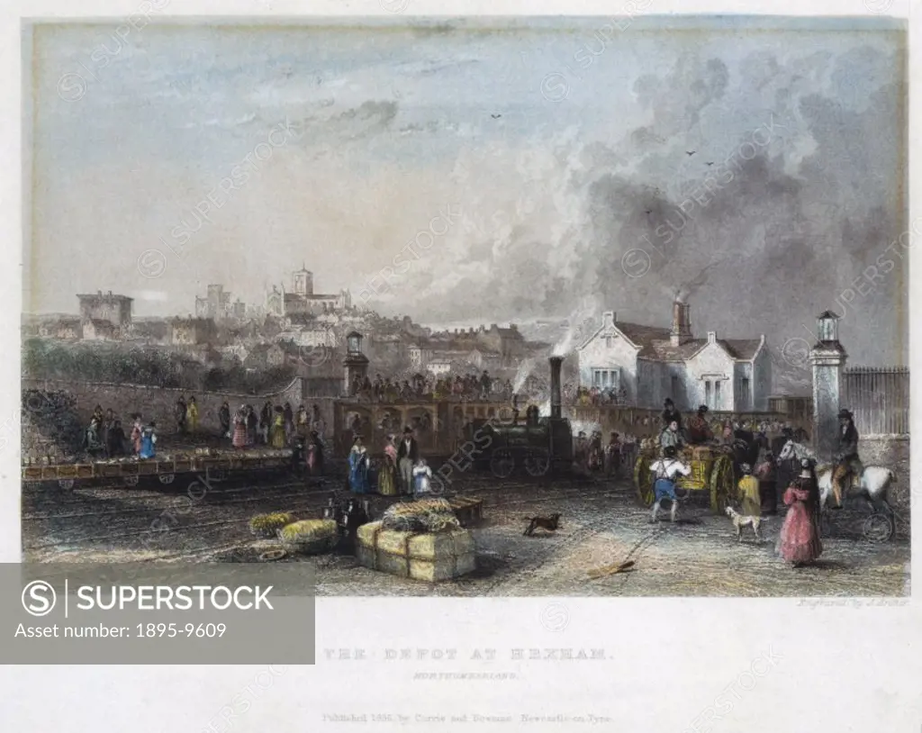Coloured engraving by J Archer after a drawing by J W Carmichael, showing a busy scene at a goods depot at Hexham, Northumberland, with the town visib...