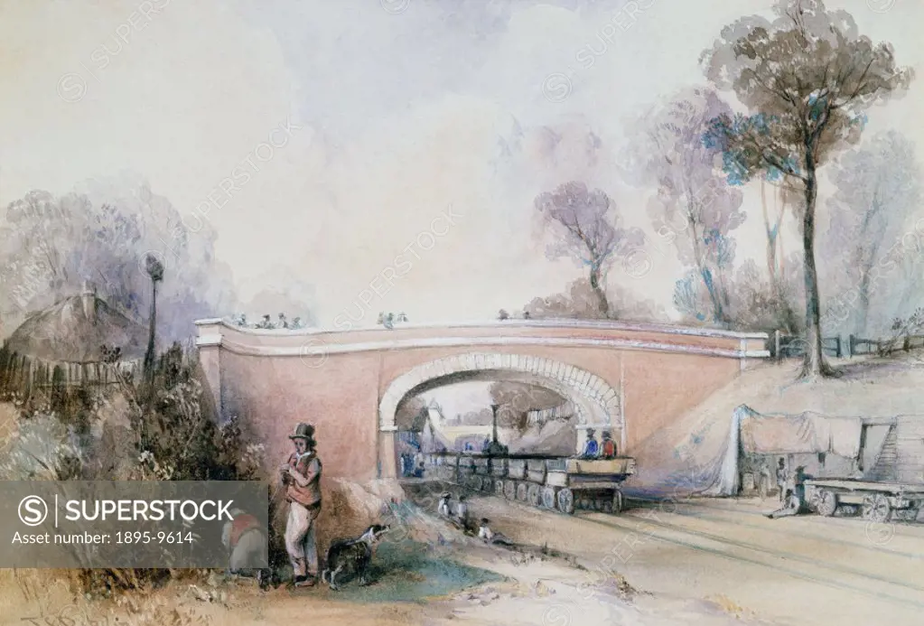 Watercolour by Thomas Colman Dibdin showing a bridge with a locomotive and wagons underneath. The Eastern Counties Railway Company was incorporated in...