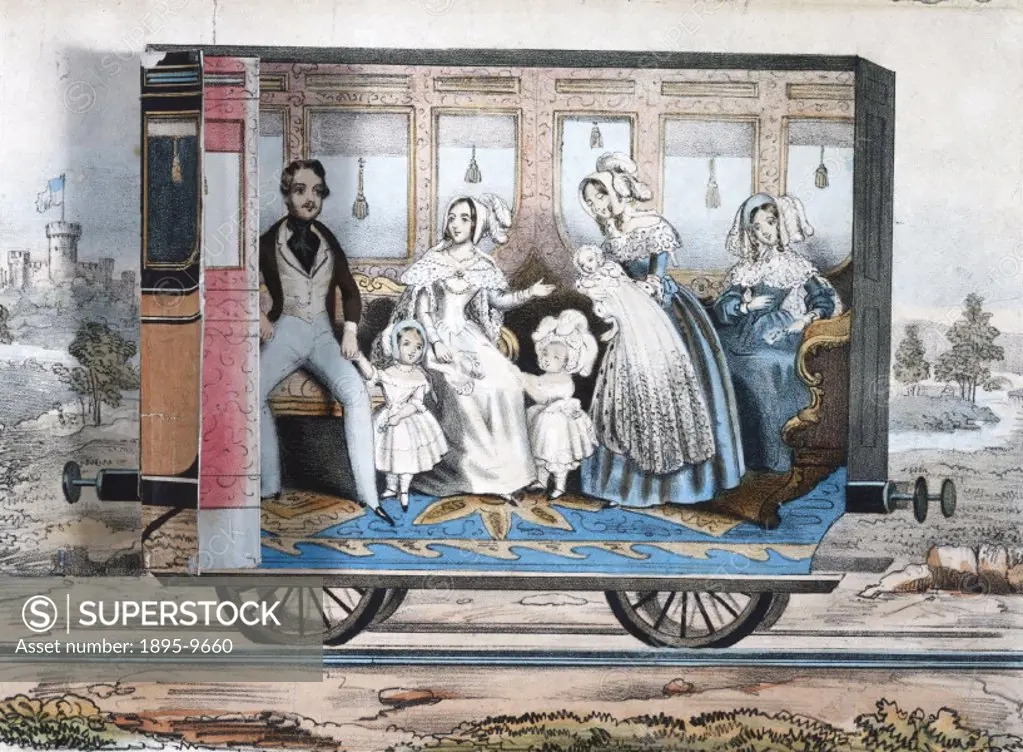 Colour lithograph printed by Dean & Co of Threadneedle Street, London, featuring a section which, when folded back, reveals the interior of a carriage...