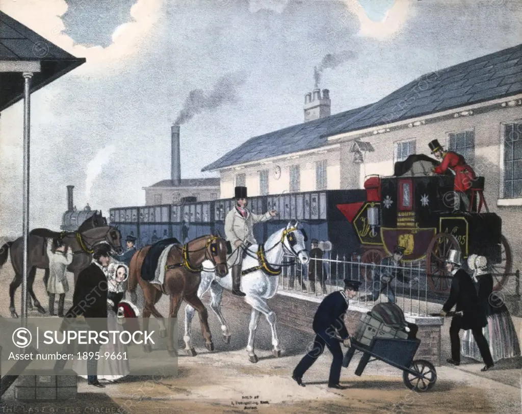 Colour print by H, showing a train at a station about to depart with a Louth to London mail coach at the rear of the train. The expansion of the railw...