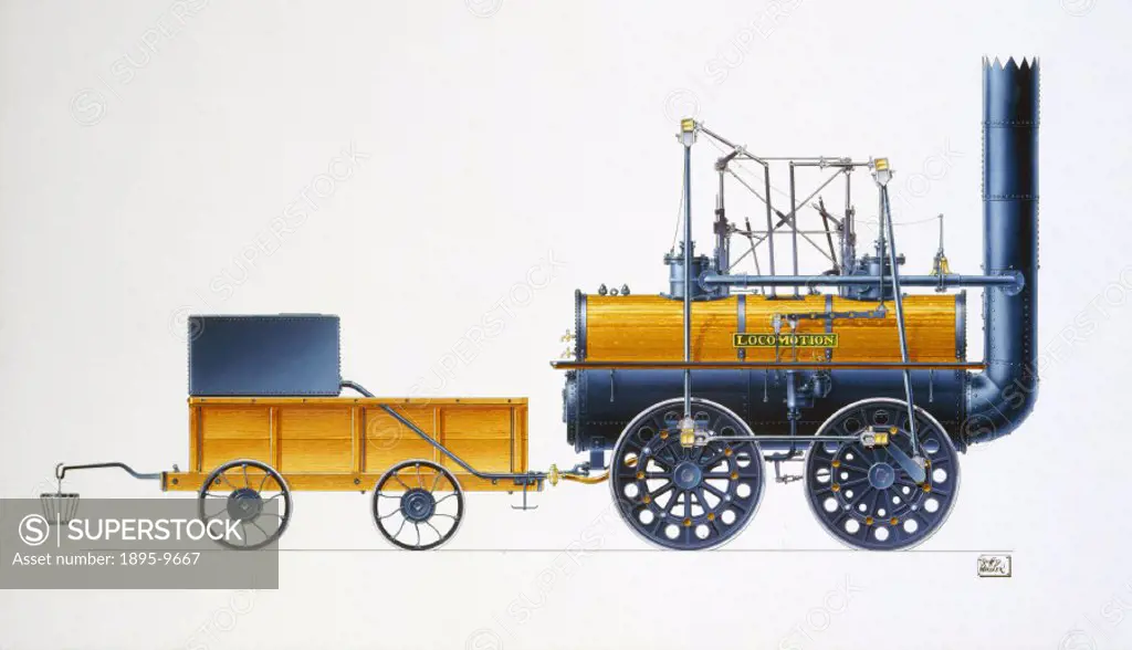 Print from a coloured drawing by Geoffrey Wheeler showing a side elevation of George Stephenson´s (1781-1848) 0-4-0 locomotive ´Locomotion´. Built in ...