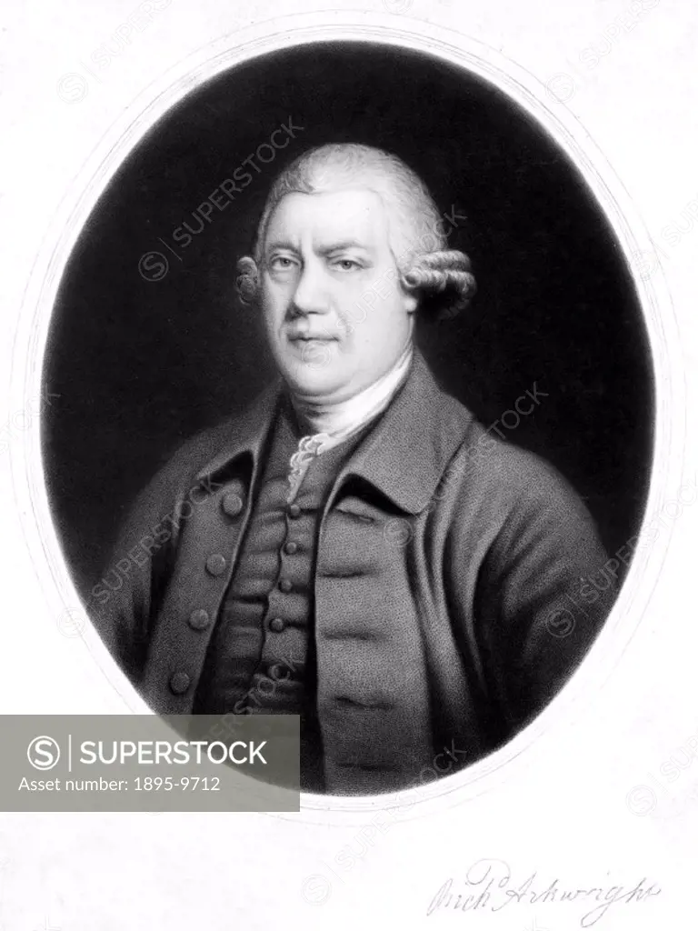 Engraving of Sir Richard Arkwright (1732-1792) who was the inventor of the first practical means of mechanical spinning using rollers. The invention o...