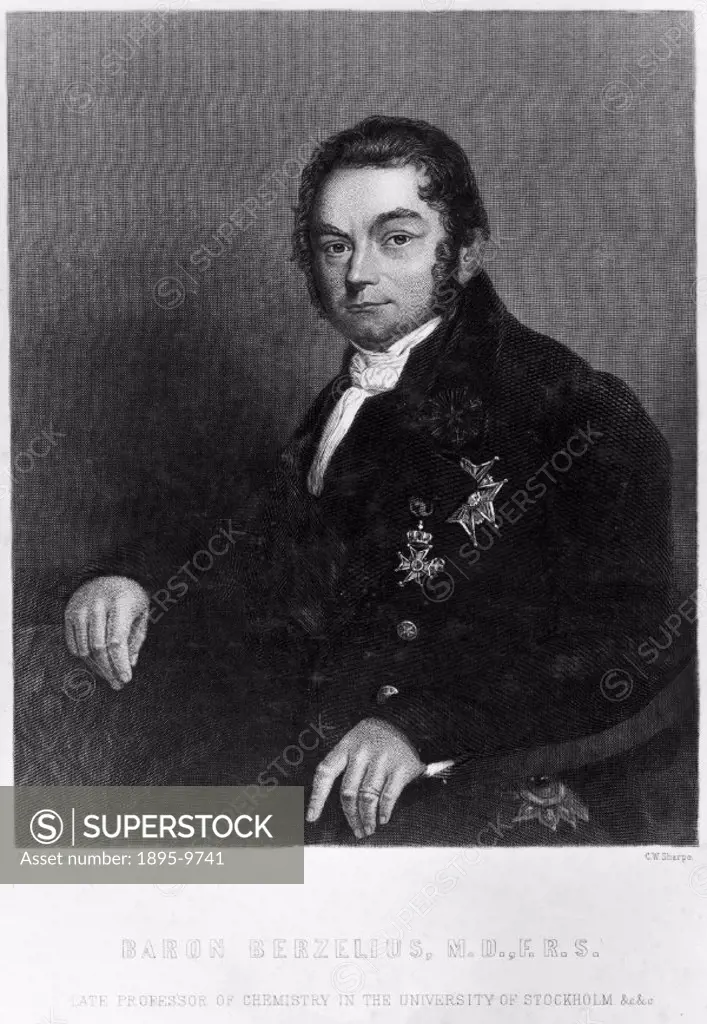 ´Later engraving by C W Sharpe after an 1843 painting by Olof Johan Soedermark of Berzelius (1779-1848). Berzelius devised the first consistently accu...