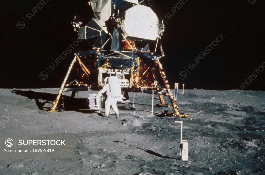 Aldrin is shown deploying the Early Apollo Science Experiments Package (EASEP), one of the experiments that were carried out during the lunar landing ...