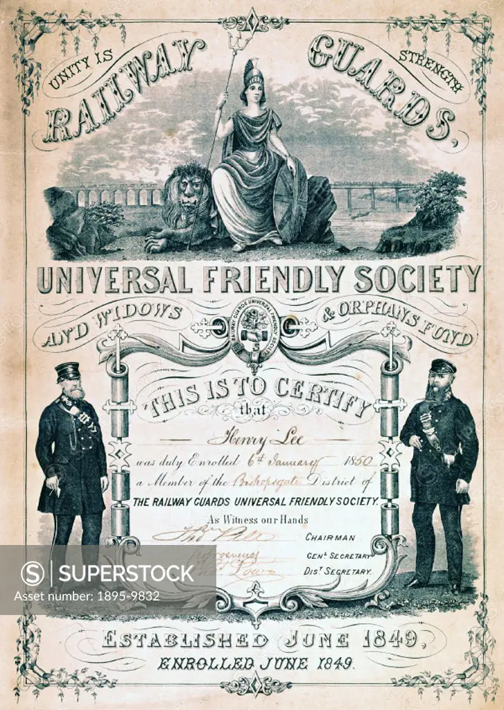 Railway Guards Universal Friendly Society membership certificate of Henry Lee, of Bishopsgate District, dated 6 January 1850. Friendly societies devel...
