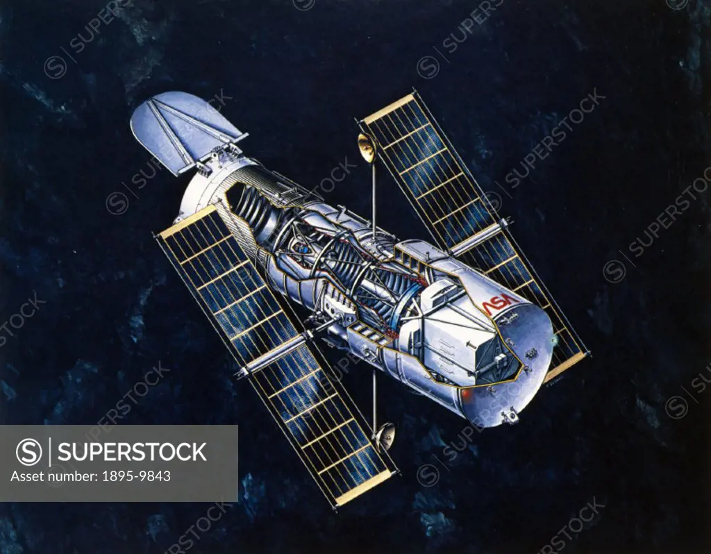 Artist´s impression of the Hubble Telescope (HST) with cut-away side section. The HST was designed to see seven times further into space than had been...
