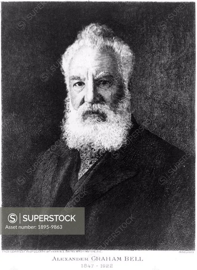 Etching by A Delzers from a photograph by Harris & Ewing of Alexander Graham Bell (1847-1922). After experimenting with various acoustic devices, Bell...