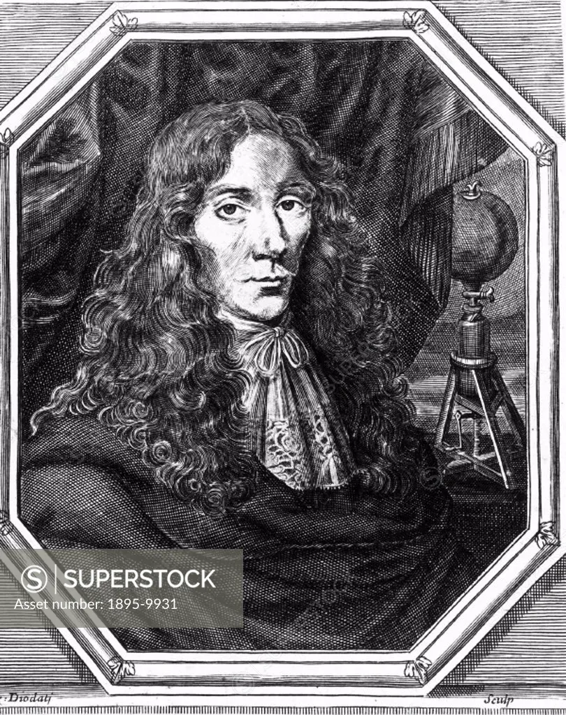 Engraving by Diodati of Boyle (1627-1691) who was the seventh son of the first Earl of Cork. He and his assistant Robert Hooke worked on improvements ...