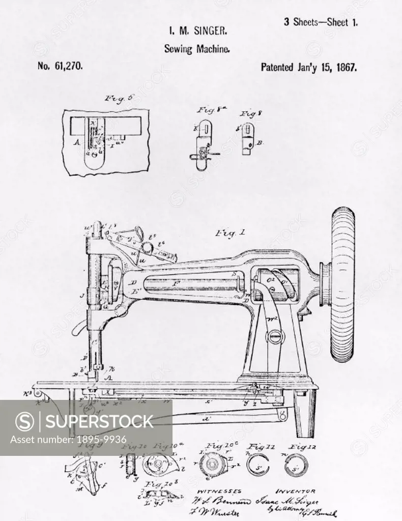 Original patent drawing of an early Singer round bobbin sewing machine, 1867. Isaac Merritt Singer (1811-75) originally worked on theatre, only workin...