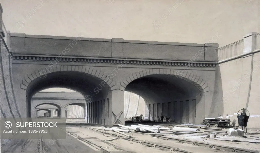 Wash drawing by John Cooke Bourne, from a collection of views of the construction of the London & Birmingham Railway (LBR). In 1833, Robert Stephenson...