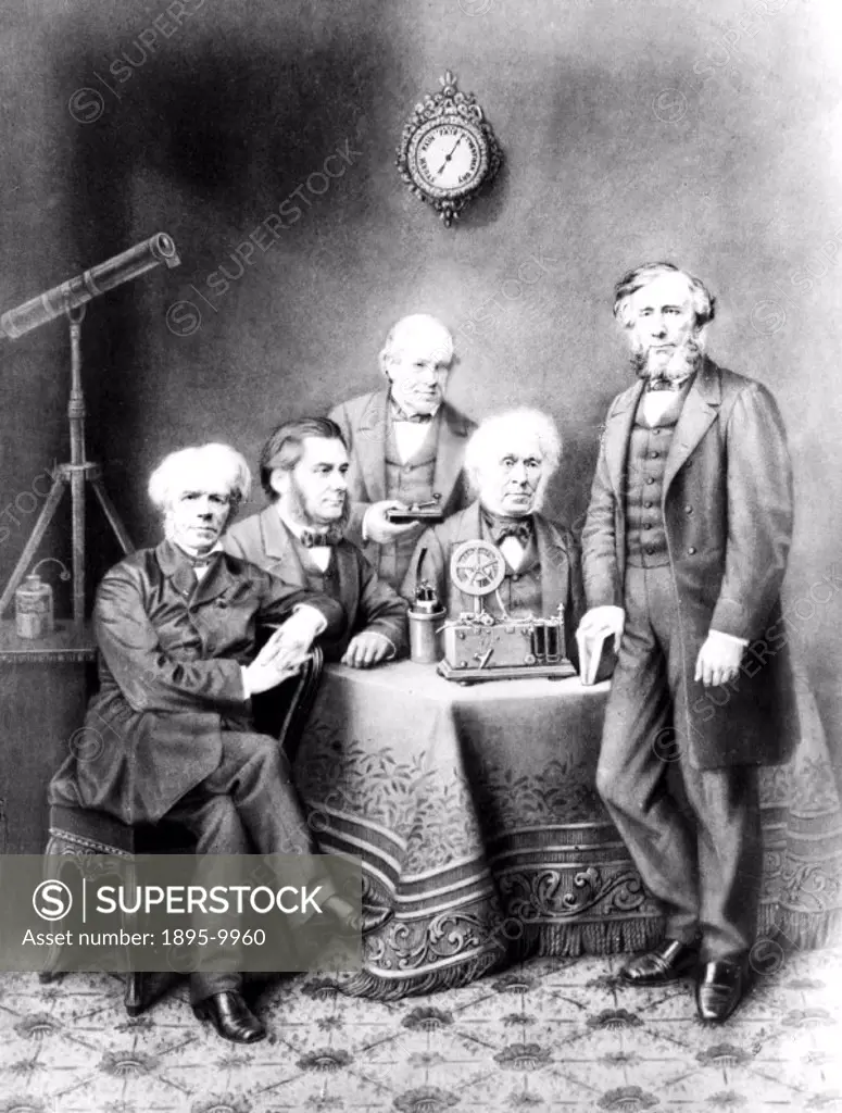 Pictured alongside Michael Faraday (1791-1867), discoverer of the principles of the electric motor and dynamo, are Sir David Brewster (1781-1868), chi...