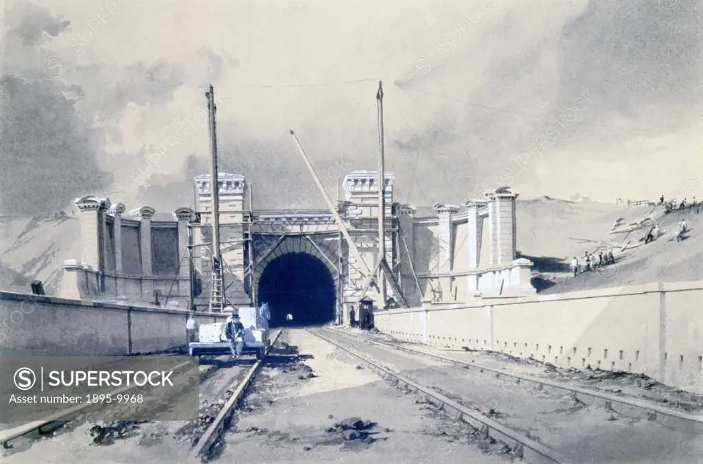 Wash drawing by John Cooke Bourne, from a collection of views of the building of the London & Birmingham Railway (LBR), showing the tunnels portal un...