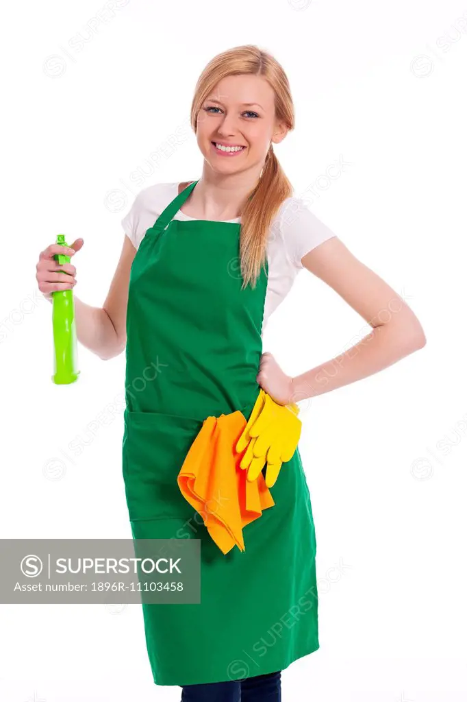 Cheerful cleaner with liquid and protective glove, Debica, Poland