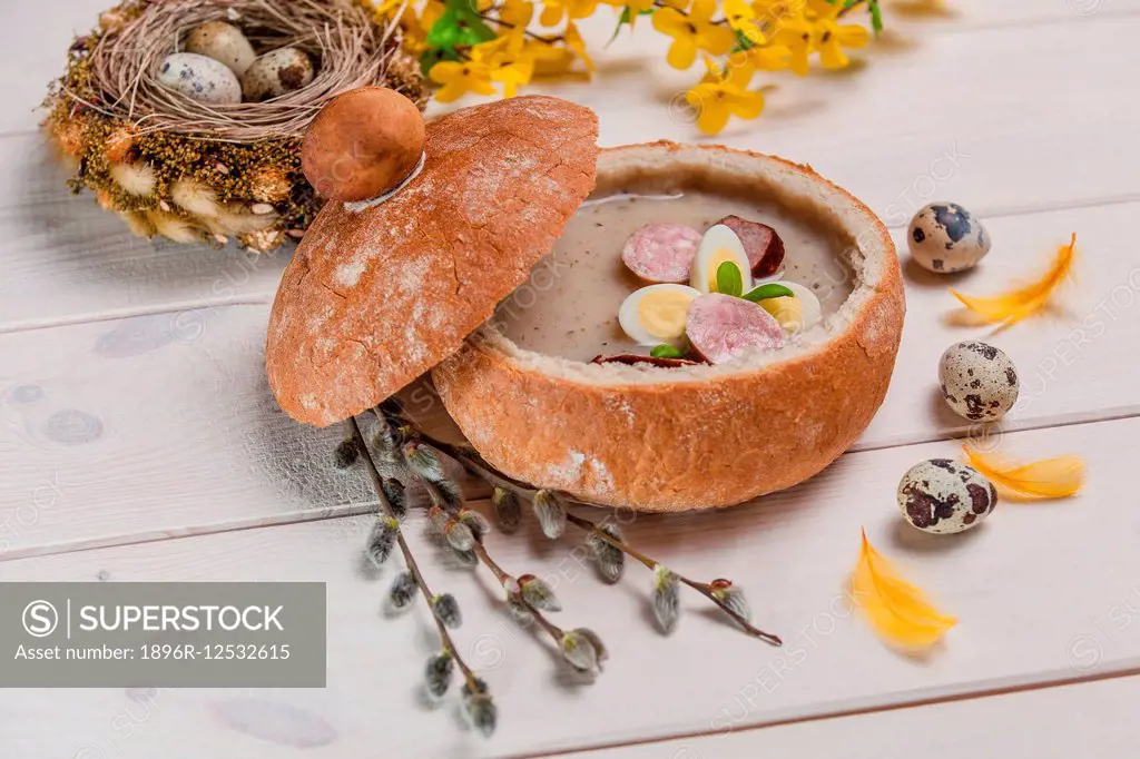 Traditional Polish easter soup in bread bowl. Debica, Poland