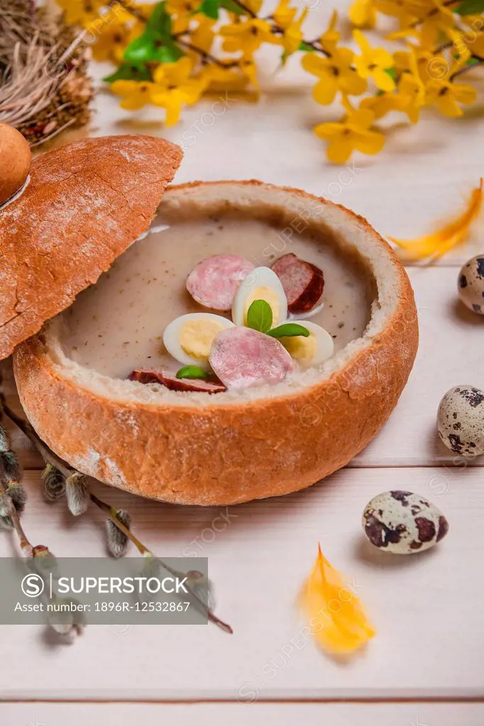 Spring christian holiday. White borscht in bread. Debica, Poland