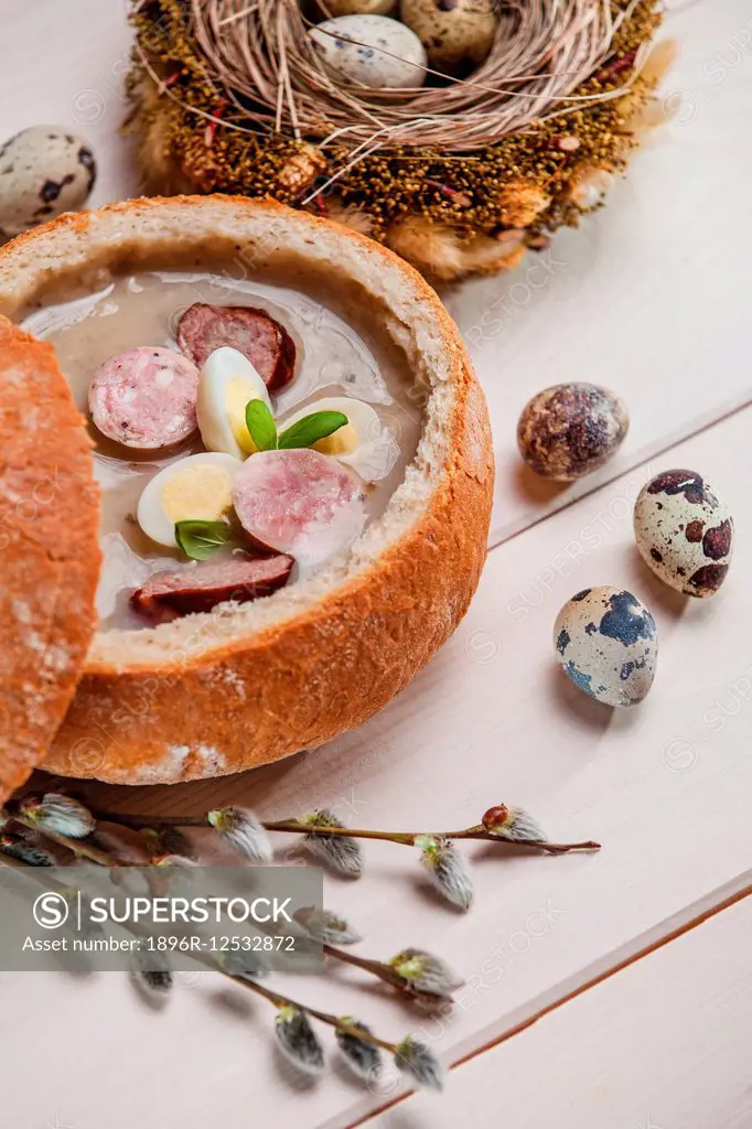 Close up easter white borscht in bread bowl. Debica, Poland