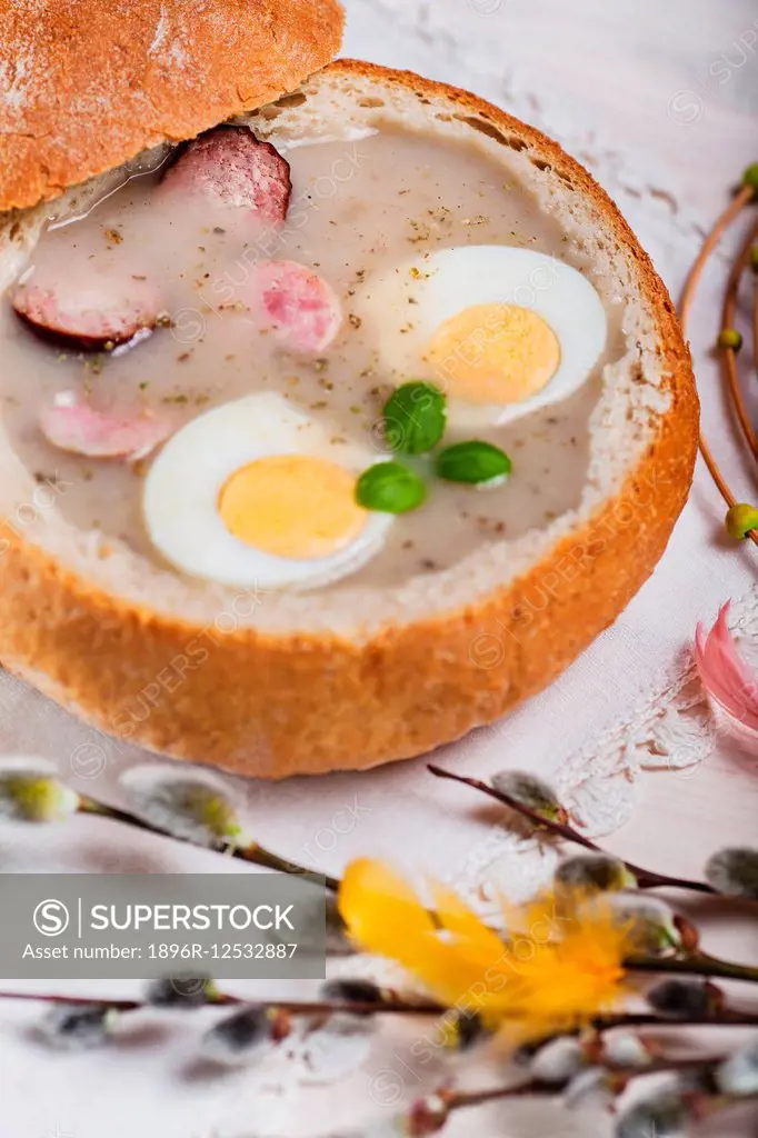 Easter white borscht in bread bowl. Debica, Poland