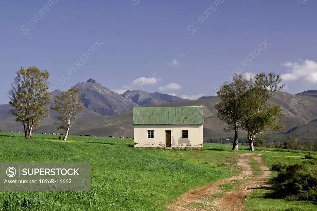 Farm home scene with road and mountains, Riviersonder_End, Western Cape Province, South Africa