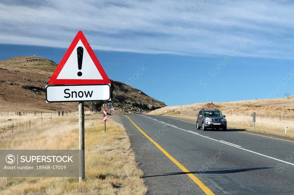 Road sign warning of snow, Penhoek Pass, Eastern Cape Province, South Africa
