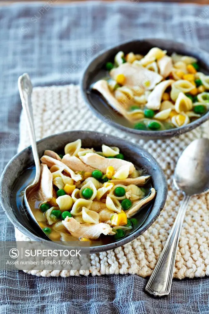 Chicken noodle soup with peas and sweetcorn
