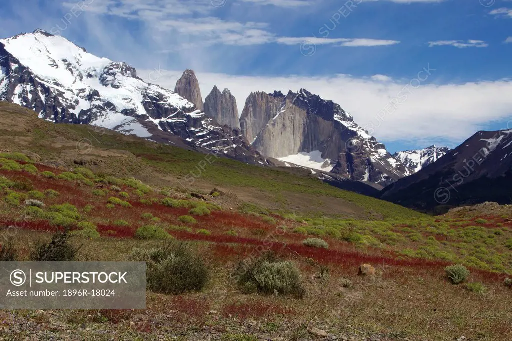 A distant view of the Torres del Paine, Parque Nacional Torres del Paine, Patagonia, Chile, South America