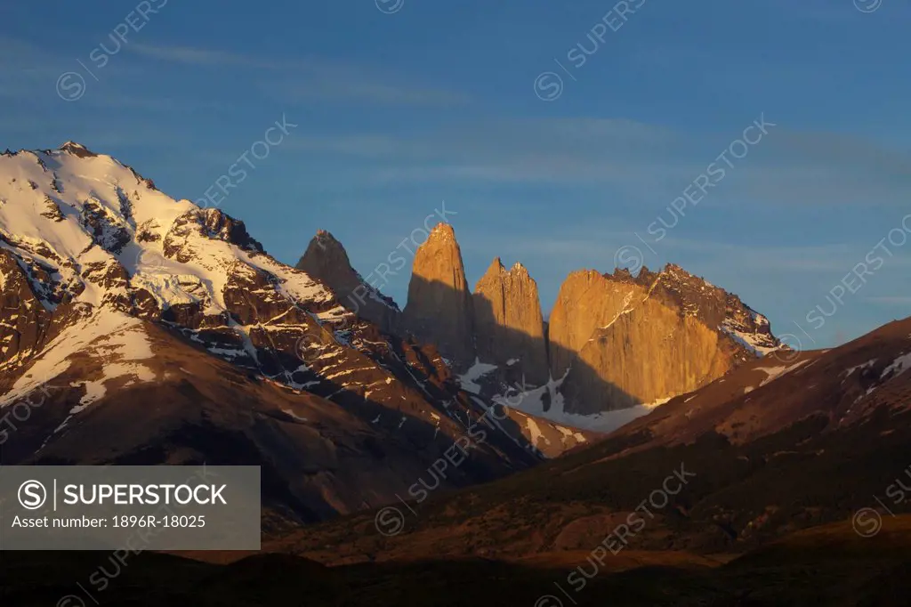 The first light at suNoise on the Torres del Paine, Parque Nacional Torres del Paine, Patagonia, Chile
