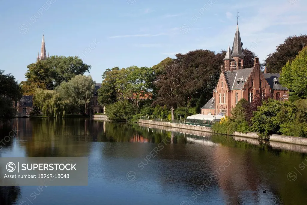 Canal with church on side, Bruges, Belgium
